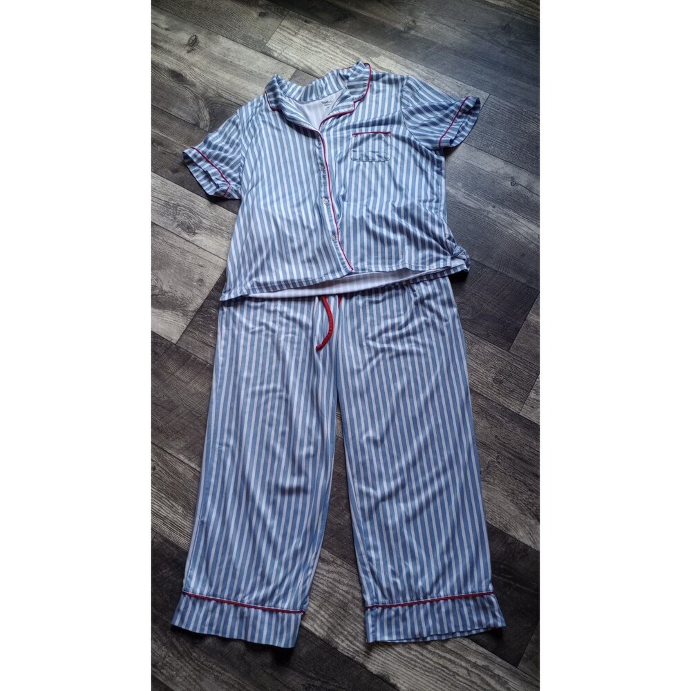 Gap Body Original Women's XL White & Blue Striped Short Sleeve Long Pants Pajama